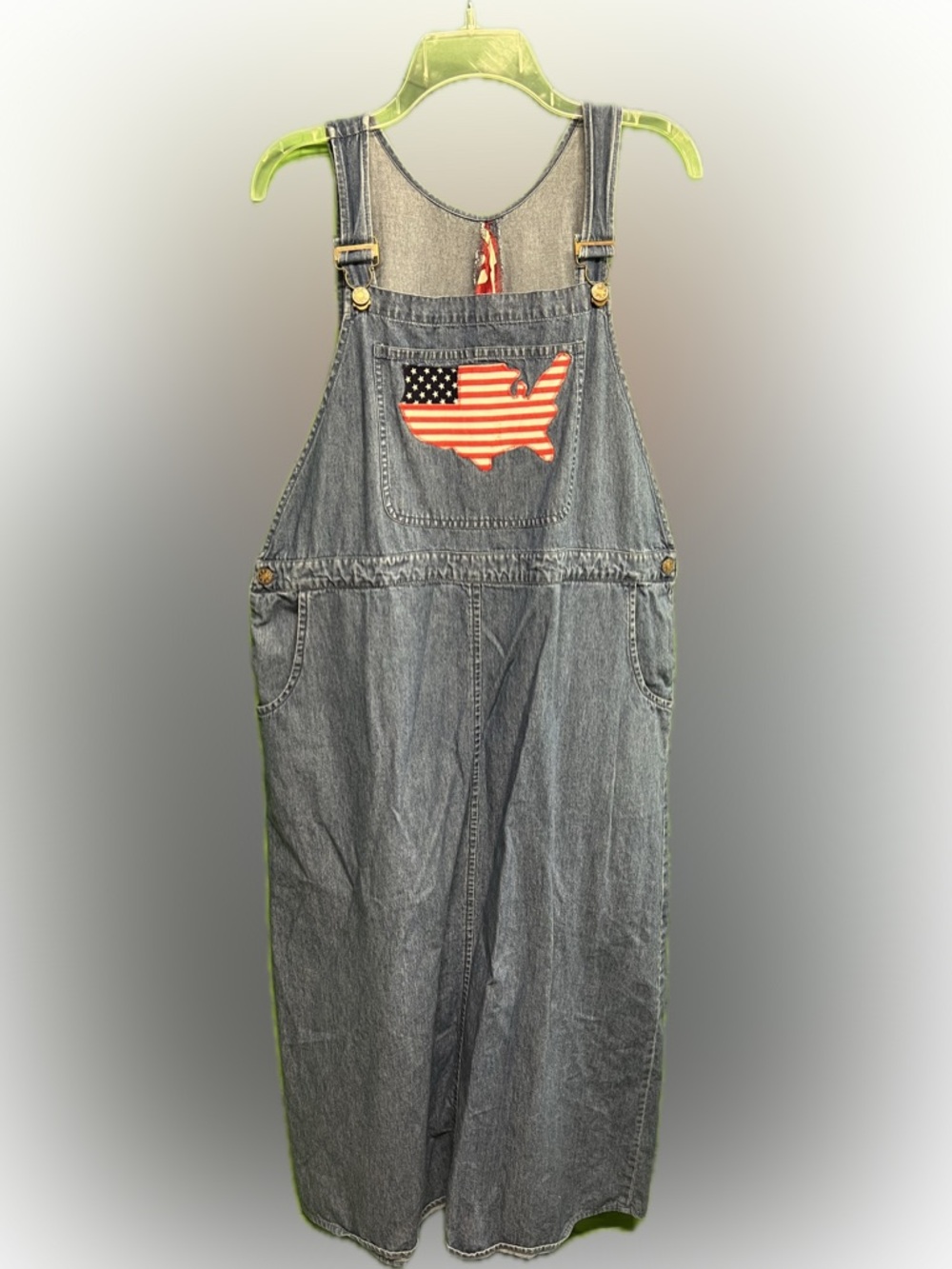 Denim Overall Style Dress with American Flag USA Patch and Back Detail